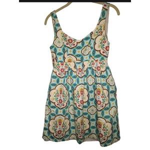 Judith March Retro Floral Teal, Brown, Pink, Yellow Cotton Blend Sun Dress - M